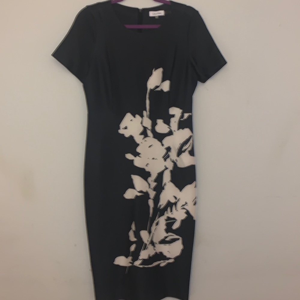 Calvin Klein mid length dress with flower print. Navy blue and beige.